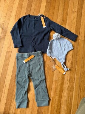 3-Piece Toddler Set - Navy Top, Olive Green Ribbed Pants, Light Gray Pom Hat
